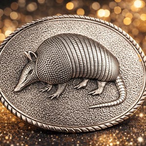 Puede incluir: Una hebilla de cinturón ovalada de tono plateado que presenta un relieve detallado de un armadillo en el centro. La hebilla tiene un fondo texturizado y un diseño de borde tipo cuerda. La superficie metálica tiene un acabado pulido con reflejos visibles.