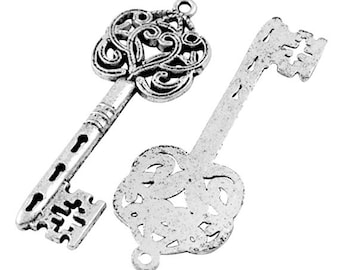 Colgantes de llave de filigrana de 60 mm con esqueleto enrollado, plata antigua u oro antiguo, paquete de 4