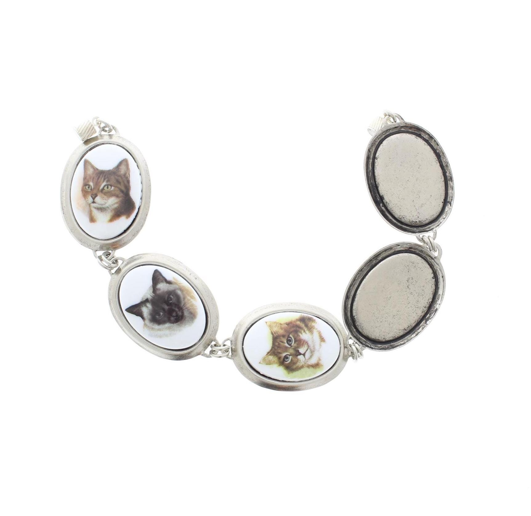 ヴィンテージ猫の肖像画ブレスレット - 磁器カメオスタイル、アメリカ 