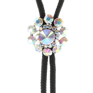 Crystal Bolo Tie in Gift Bag, silver tips, 1.4&quot; crystal AB stones on 36&quot; black, turquoise, red or olive green cord, HandMade in USA, each