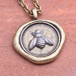 Honey or Mason Wax Seal Pendant Necklace with antique silver Bee, 24&quot;, antique gold and silver, 40mm pendant, Each