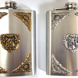 Personalized Stainless Steel Hip Flask for Liquor or other, with initial or monogram, Attached cap, vintage gold or silver accents, Each