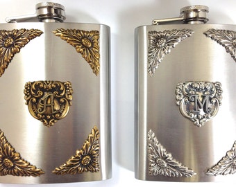 Personalized Stainless Steel Hip Flask for Liquor or other, with initial or monogram, Attached cap, vintage gold or silver accents, Each