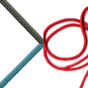 May include: Three different types of rope, one is a dark green braided rope, one is a light blue braided rope, and one is a red braided rope.