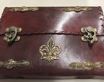 Brown Leather Journal, Fleur de Lis & vintage stampings, whipstitch, 2 antique gold metal slide hook latches, handcrafted