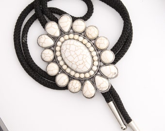 Squash Bolo Tie, White Turquoise Oval bolo on 36" black cord or jute cord, made in USA, each