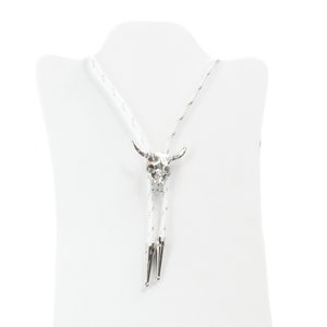Bull Skull Silver   Bolo Tie, white cord silver lace, 36&quot;, sold by each