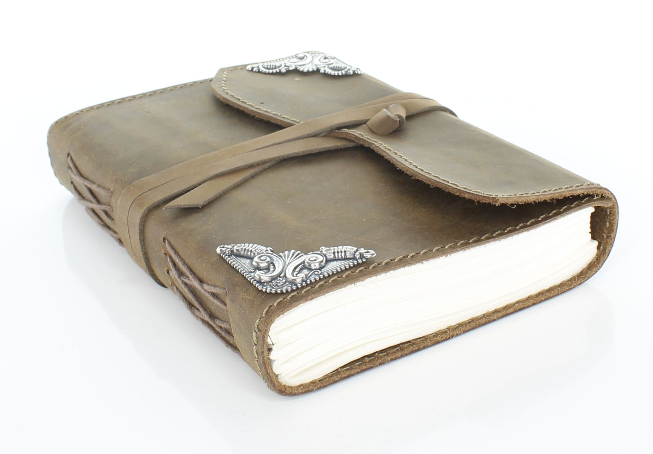 Vintage Leather Journal With String Closure and Silver Corner