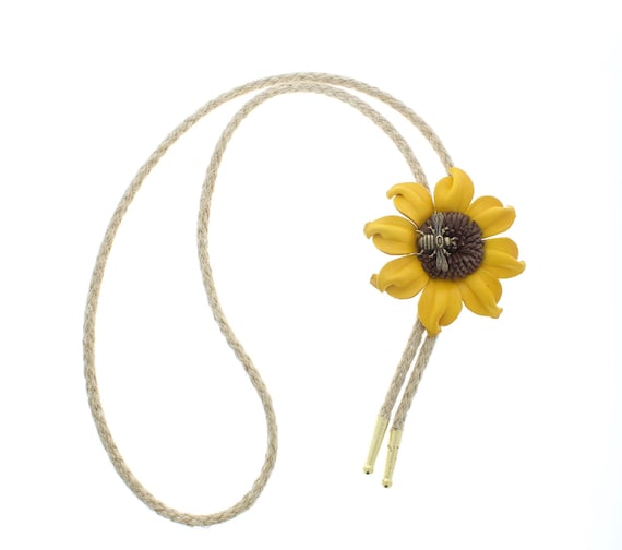 72mm Yellow Handmade Leather Sunflower Bolo Tie, Made in USA, Each
