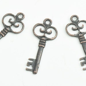 Skeleton Key Pendant Charm, Copper antique finish, Pack of 6