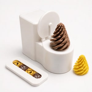 May include: A white plastic toilet-shaped toy with a brown swirled cone inside the bowl. Beside it sits a rectangular white tray containing four small circular tokens featuring brown and yellow icons, and a separate yellow swirled cone.