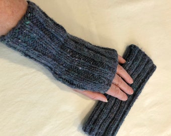 Blue Fingerless Gloves, Womens Hand Knit Arm Warmers/Wrist Warmers, Wool and Silk