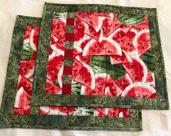 Set of Two Watermelon Quilted Fabric Placemats for Summer!