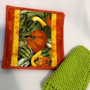 Fall Kitchen Potholder Set: Squash Fabric, Knitted Dishcloth