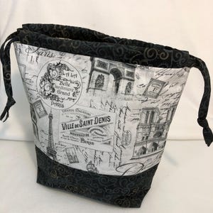 Knitting Project bag/Parisian Design Tote/ Cinch Black and White Bag/Draw String Bag