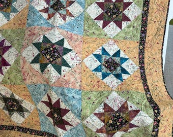 Scrappy Star Throw Quilt: Floral Feminine Twin Bed Quilt