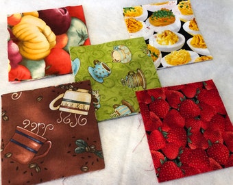 Pre Cut Fabric Squares for Quilting and Sewing, Food Themed Fabrics, 4.25 inch Squares
