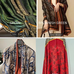 May include: Four silk scarves with different patterns and colours. The scarves are green with leopard print trim, brownish green with a floral pattern, blue with a paisley pattern, and red with a floral pattern.