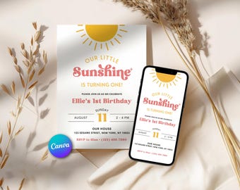 Little Sunshine Birthday Invitation, Girl First Birthday, Editable Template