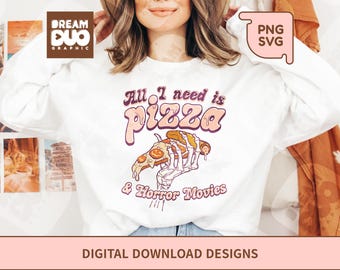 Pizza y películas de terror Mano de esqueleto SVG PNG, diseño de Halloween (descarga digital)