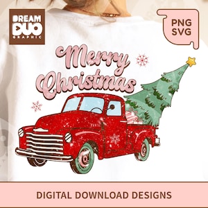 Christmas Tree on Red Truck SVG Sublimation Designs｜Merry Christmas sublimation file with retro Red Old Truck png and Christmas tree clipart
