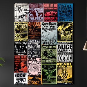 May include: A framed collage of vintage concert posters, featuring bands like Nirvana, Pearl Jam, and Soundgarden. The posters are in various colors, with text and graphics. The artwork is displayed on a dark wall above a gray sofa.