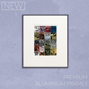 May include: Framed print featuring a collage of vintage concert posters. The posters showcase bands like Nirvana, Pearl Jam, and Alice in Chains. The frame is black with a white mat, and the text "NEW" and "PREMIUM ALUMINIUM FRAMES" are visible.