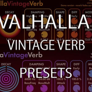 以下が含まれることがあります： Valhalla Vintage Verb オーディオプラグインインターフェースのスクリーンショット。インターフェースは、赤とオレンジのカラーテーマで暗い背景になっています。プラグインには、ミックス、ディケイ、ダンピング、シェイプ、ディフ、モッド、EQなど、さまざまなコントロールがあります。プラグインには、プリセットセクションもあります。