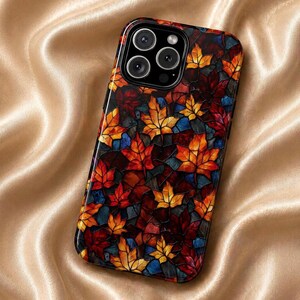 Stained Glass Autumn Leaves Artistic Phone Cover Tough Double-Layered Design Colorful Leaf Mosaic Case image 1