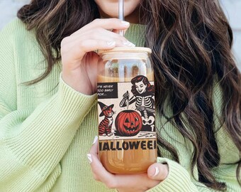 Retro Halloween Sipper Glass: Skeleton & Pumpkin Iced Coffee Tumbler
