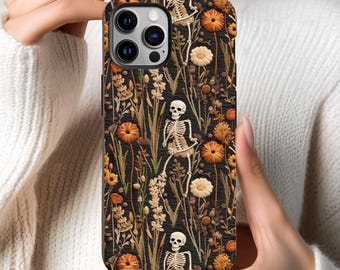 Boho Skeleton Phone Case: Faux Embroidery Floral Halloween Cover