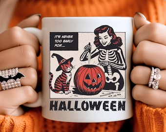 Vintage Halloween Coffee Mug: Retro Spooky Cat & Skeleton Ceramic Cup