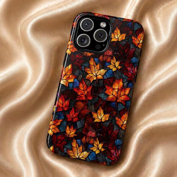 Stained Glass Autumn Leaves Artistic Phone Cover Tough Double-Layered Design Colorful Leaf Mosaic Case