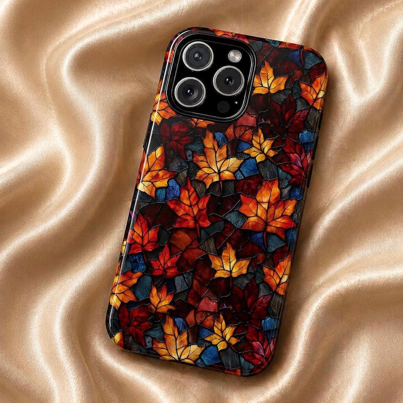 Stained Glass Autumn Leaves Artistic Phone Cover Tough Double-Layered Design Colorful Leaf Mosaic Case image 1