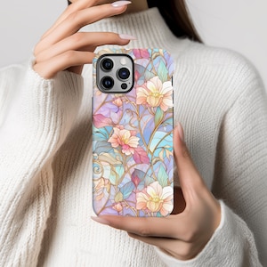 Floral Pastel Stained Glass Phone Case Faux Stained Glass Effect Wildflower Phone Case for iPhone 16 15 14 13 12 Pro Max Plus Samsung Case