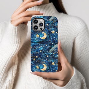 Celestial Stained Glass Phone Case for iPhone 14 15 16 & Samsung Galaxy S25 S24 S23 Moon Star Protective Case Gift for Her Starry Night Art