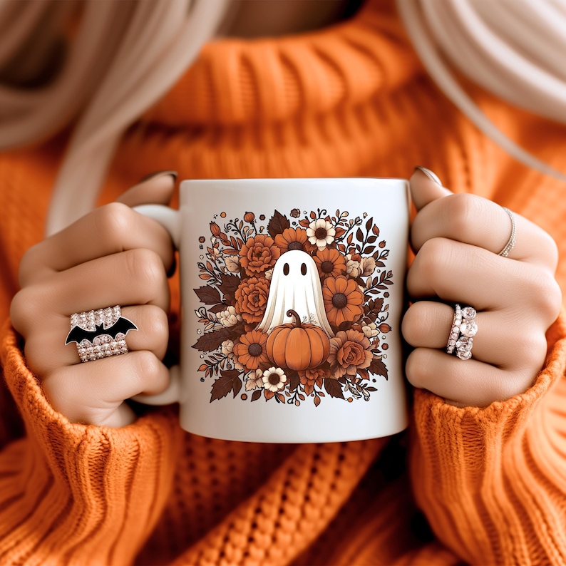 Halloween Ghost Mug - Spooky Season Coffee Cup Fall Aesthetic Kitchen Decor, Autumn Gift for Bookworms & Horror Fans, Unique Novelty Present image 1