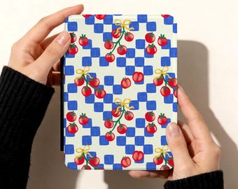 Tomato Kindle Paperwhite Case, Italian Summer Kindle Cover, Mediterranean Kitchen Aesthetic E-Reader Case Tile Checkered Pattern Reader Gift