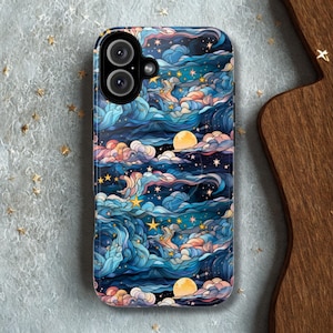 Celestial Moon & Stars Phone Case iPhone 16 15 14 Pro Max Plus Cell Phone Case Stained Glass Art Print Starry Night Sky Cover