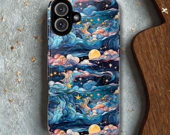 Celestial Moon & Stars iPhone Case: Stained Glass Art, Starry Night Sky