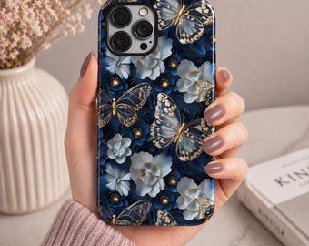 Blue Floral iPhone Case, Butterfly Phone Case, Vintage Daisy Aesthetic, Blue iPhone 15 16 17 Pro Max Case, Cute Protective Cover Gift