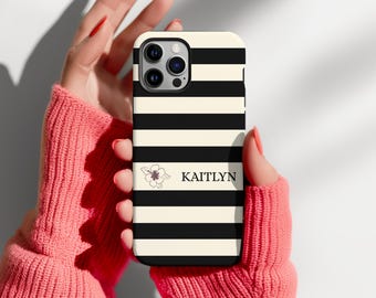 Custom Black & Cream Striped Phone Case: Floral Monogram Tough Cover