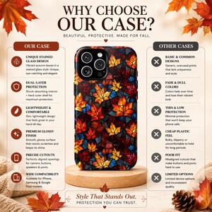 May include: A smartphone case with a stained glass design featuring autumn leaves in shades of red, orange, and yellow. The case has a glossy finish and precise cutouts. Text on the case reads "Why Choose Our Case?" and "Style That Stands Out."