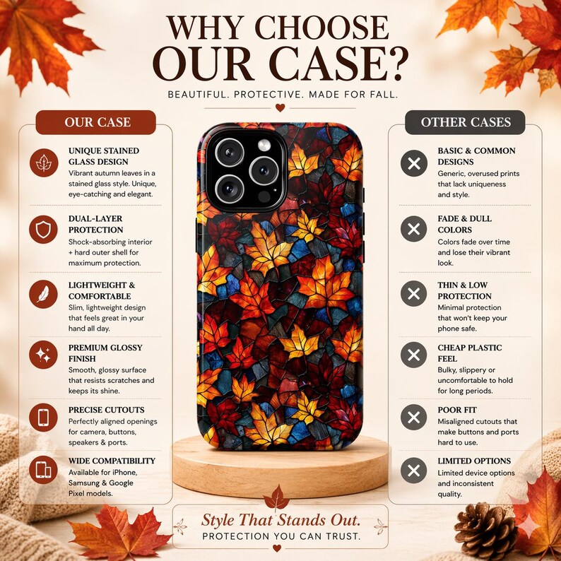 May include: A smartphone case with a stained glass design featuring autumn leaves in shades of red, orange, and yellow. The case has a glossy finish and precise cutouts. Text on the case reads "Why Choose Our Case?" and "Style That Stands Out."
