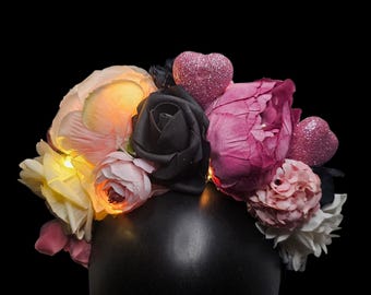 Queen of Hearts Light-Up Floral Crown, Alice in Wonderland Costume