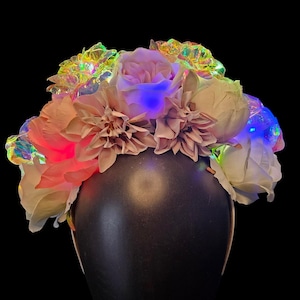 XL LED Light up iridescent rose flower crown | Burning Man Headband | Light Up Crown Headband | Festival Crown | loght up Angel Halo Crown