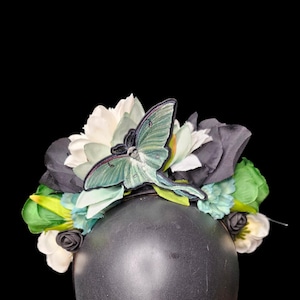 Gothic Black, Green & White Flower Crown with Moonlight Moth – Gothic Fantasy Headpiece