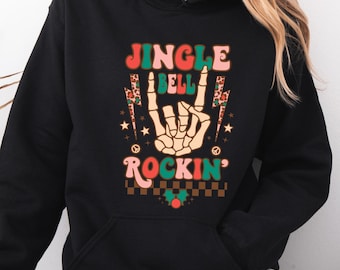 Jingle Bell Rockin Sweatshirt, Skeleton Hand Rockin Shirt, Rock and Roll Hoodie, Cute Jingle Bell Sweater, Jingle Bell Rock Sweater