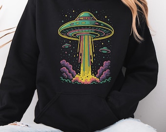 Retro Graphic Alien Sweatshirt, Spooky UFO Sweatshirt, Gift For Alien Lover, Alien Abduction, Alien Spaceship Hoodie, Paranormal UFO Hoodie