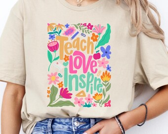 Floral Teach Love Inspire Shirt, Retro Teacher Shirt, Back to School Shirt, Gift For Teacher, Motivational Tee, Teacher Appreciation Shirt